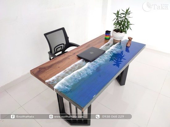 Blue sea epoxy tamarind wood desk